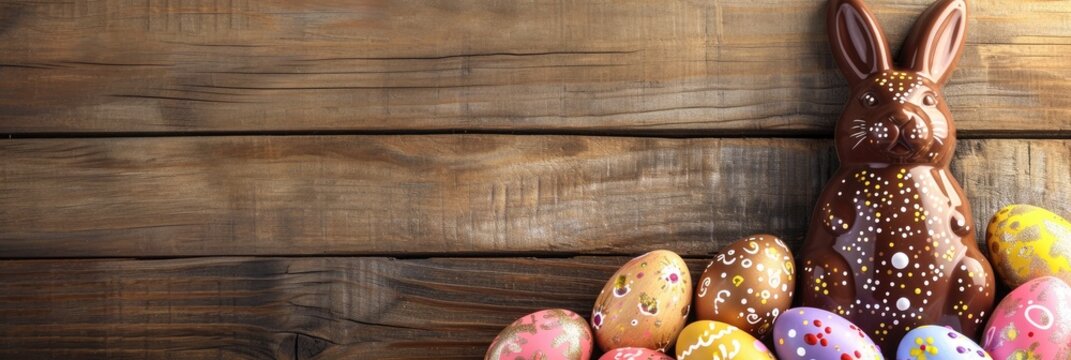Chocolate Easter bunny and Easter Painted Eggs on wooden background