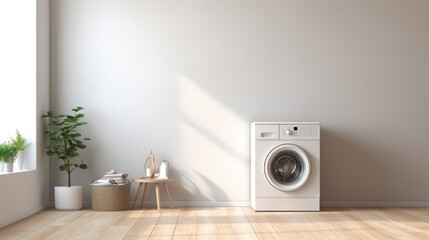 A minimalist-style room with a freestanding washing machine against a white wall, highlighting its sleek design. Generative AI