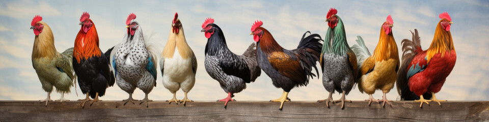 Fototapeta premium Roosters strutting in a row, their vibrant plumage and confident postures creating a lively barnyard scene