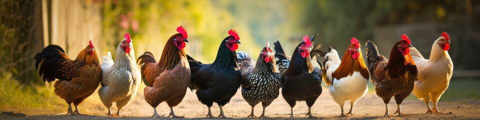 Roosters strutting in a row,  their vibrant plumage and confident postures creating a lively barnyard scene - obrazy, fototapety, plakaty