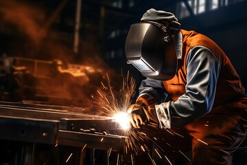 industrial worker is welding steel products in the factory