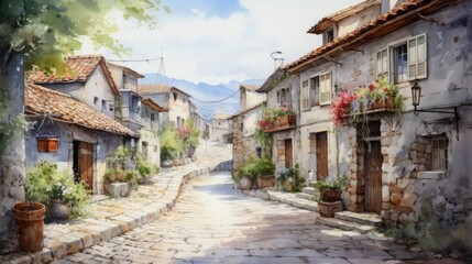 Fototapeta na wymiar A rustic, old-town European village with cobblestone streets. landscape watercolor Generative AI