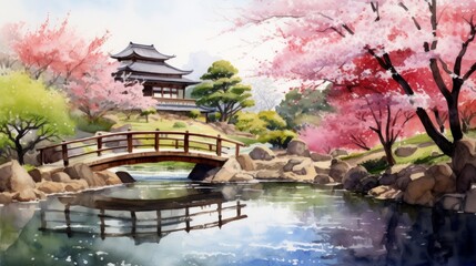 A serene Japanese garden with a koi pond and cherry blossom trees. landscape watercolor Generative AI