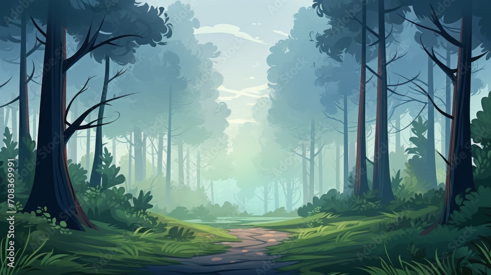 Poster A serene, mist-covered forest with tall trees and a hidden path. vector cartoon graphic Generative AI