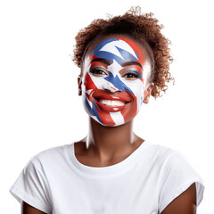 front view of a beautiful woman with her face painted with a Liberia flag colors smiling isolated on a white transparent background 