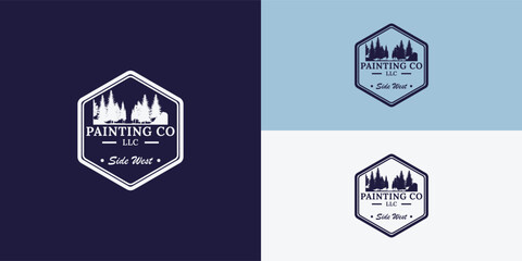 The hexagon shape logo with pine tree ornaments and the word painting co LLC can be used as a house painting company logo or logo related to property or real estate logo design inspiration