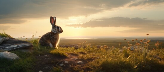Rabbit checking the right side in the field. - obrazy, fototapety, plakaty