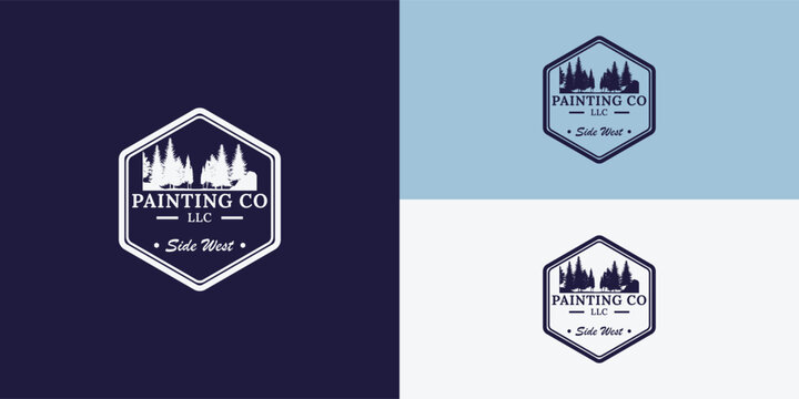 The hexagon shape logo with pine tree ornaments and the word painting co LLC can be used as a house painting company logo or logo related to property or real estate logo design inspiration