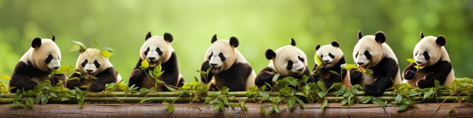 Pandas munching on bamboo in a row,  their adorable faces creating a charming tableau in the bamboo...