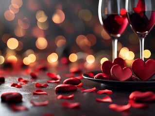 Zdjęcie przedstawiające serca za dwoma lampkami wina w tle, tworząc razem romantyczną całość.