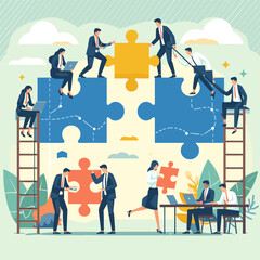 flat image of business team cooperation and partnership to achieve team success, thinking together to solve business problems - obrazy, fototapety, plakaty