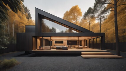 Fototapeta premium Modern minimalist private black house decorated with stone tiles cladding. Residential architecture cubic design exterior