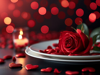Zdjęcie przedstawiające harmonijne połączenie pięknej czerwonej róży i serc, tworzących razem romantyczną całość. - obrazy, fototapety, plakaty