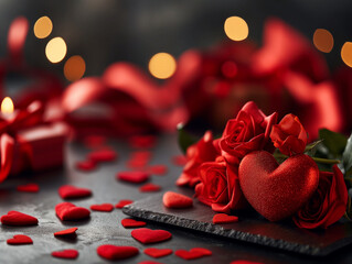 Zdjęcie przedstawiające harmonijne połączenie pięknych czerwonych róż i serc, tworzących razem romantyczną całość. - obrazy, fototapety, plakaty