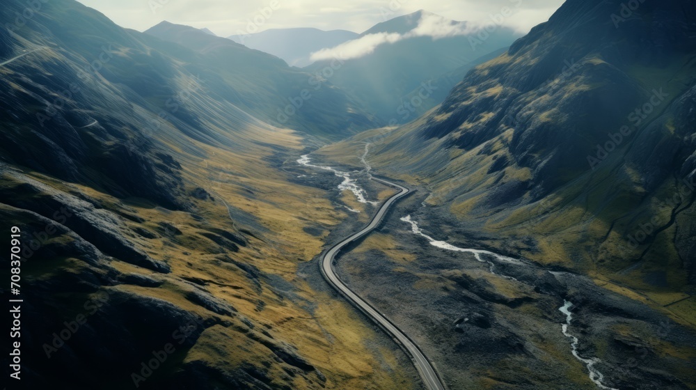 Poster aerial shots of a snaking railway line traversing through rugged mountain passes, showcasing breatht