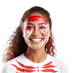 front view of a beautiful woman with her face painted with a Tonga flag colors smiling isolated on a white transparent background 