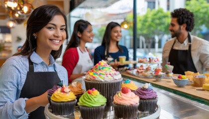 Patrons in a sleek coffee shop, with a focus on the Cake to go counter displaying an array of colorful cupcake options, as staff attend to customers