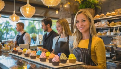 Patrons in a sleek coffee shop, with a focus on the Cake to go counter displaying an array of colorful cupcake options, as staff attend to customers