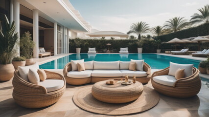 Fototapeta na wymiar Poolside lounge are with rattan sofa with ornaments pillows