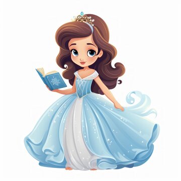 An adorable little fairy tale princess in a flowing gown, holding a tiny enchanted book. vector, flat, fairy tale, cartoon, cute, white background Generative AI