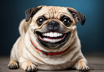 A smiling, cute pug dog with human teeth.