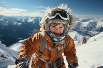 Cute little child in a ski suit is skiing in the mountains. Family vacation concept. Ski resort....