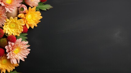 Teacher's Day Celebration: Top View Chrysanthemum Bouquet and Gift Box on Isolated Chalkboard Background. Commemorate Your Teacher with Floral Appreciation and Copy Space for Ads or Text.