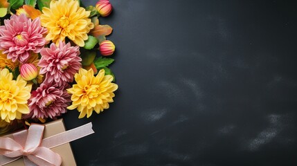 Teacher's Day Celebration: Top View Chrysanthemum Bouquet and Gift Box on Isolated Chalkboard Background. Commemorate Your Teacher with Floral Appreciation and Copy Space for Ads or Text.