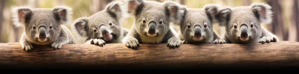 Naklejka na ściany i meble Koalas climbing in a row up eucalyptus trees, their furry profiles adding charm to the Australian landscape