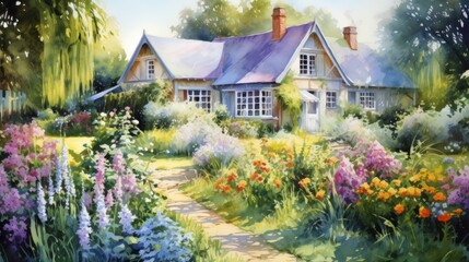 Charming cottage gardens in full bloom. aquarelle - Generative AI