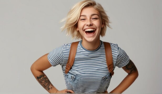 Happy excited gen z blonde young woman, smiling hipster girl with short blond hair tattoos wearing striped t-shirt and denim dress jumping from Generative AI