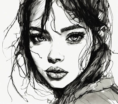 Scratchy pen strokes, blind contour, fisheye perspective closeup, beautiful girl, s face in darkness, stark hatch shaded sketchy scribbly, ink, strong angular shapes, woodcut shading, pen strokes, pou