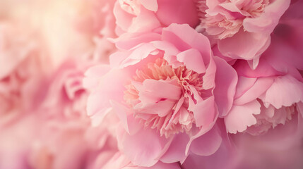 Delicate pink blooming peonies, holiday background, pastel and soft floral card, selective focus