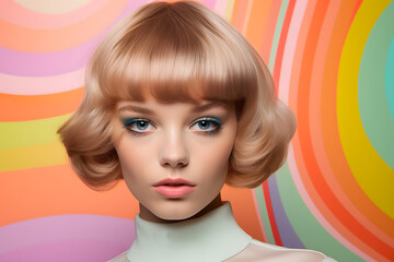 Young woman with hair in 60s retro bob hairstyle updo in front of colorful background