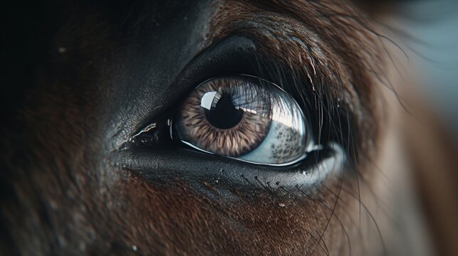 Close-up photograph of a veterinarian conducting an eye examination on a horse, meticulous and professional approach Generative AI