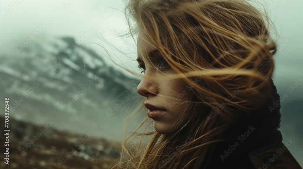 Aufkleber conceptual image capturing a girl's close-up in the mountains, her hair gently blowing in the mounta