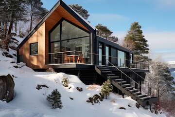 Modern house exterior with large glass windows and black wood siding in snowy mountain landscape