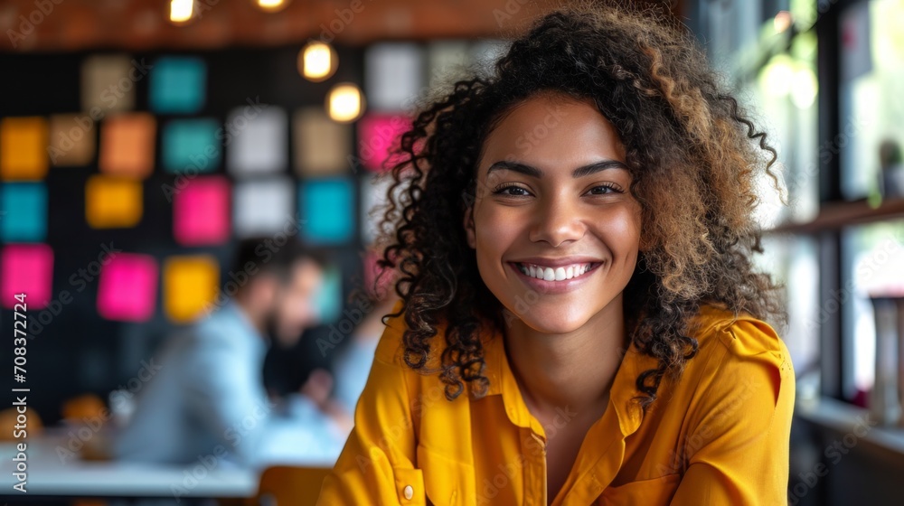 Poster woman in a creative office, smiling joyfully while brainstorming ideas with a team in a collaborative space Generative AI