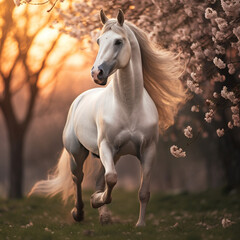 a beautiful Arabian horse runs in a spring park with magnolias and flutters its mane in the evening at sunset