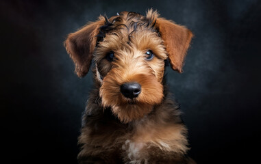 small Airedale terrier dog puppy in a dark room