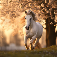 a beautiful Arabian horse runs in a spring park with magnolias and flutters its mane in the evening at sunset