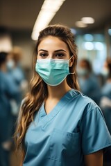 Fototapeta na wymiar Portrait of a young female doctor or nurse wearing a surgical mask