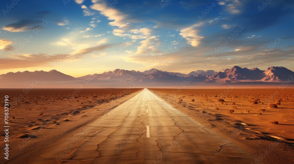 Poster desert highway vanishing point ::1 visual showing an aerial perspective of a deserted highway in the