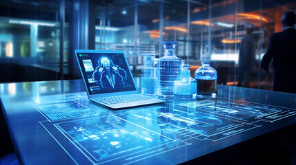 A conceptual scene illustrating medical technology, featuring a futuristic and advanced medical device surrounded by innovative interfaces and holographic displays