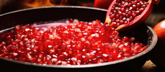 Cooking vegetable-based pomegranate dessert with red grains.