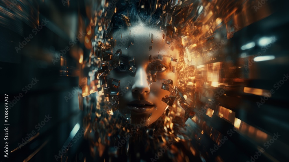 Poster Digitally altered photographs creating an abstract collage-style background. woman's face Generative AI