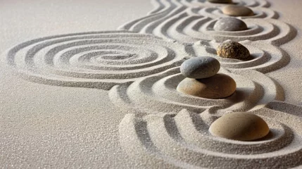 Papier peint photo Beige Calm and Peaceful Zen Garden, sand and stones. Japanese dry garden. Closeup meditative sand patterns and balanced stones  © Vladimir