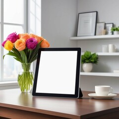 Mockup of a tablet screen on a table with flowers in a vase.