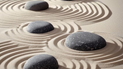 Calm and Peaceful Zen Garden, sand and stones. Japanese dry garden. Closeup meditative sand patterns and balanced stones