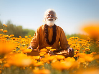 Senior man meditating in a vibrant field of marigolds, embracing the sunlight. Mindfulness and serenity in nature concept. Design for wellness retreat, meditation guide, spiritual lifestyle magazine - obrazy, fototapety, plakaty
